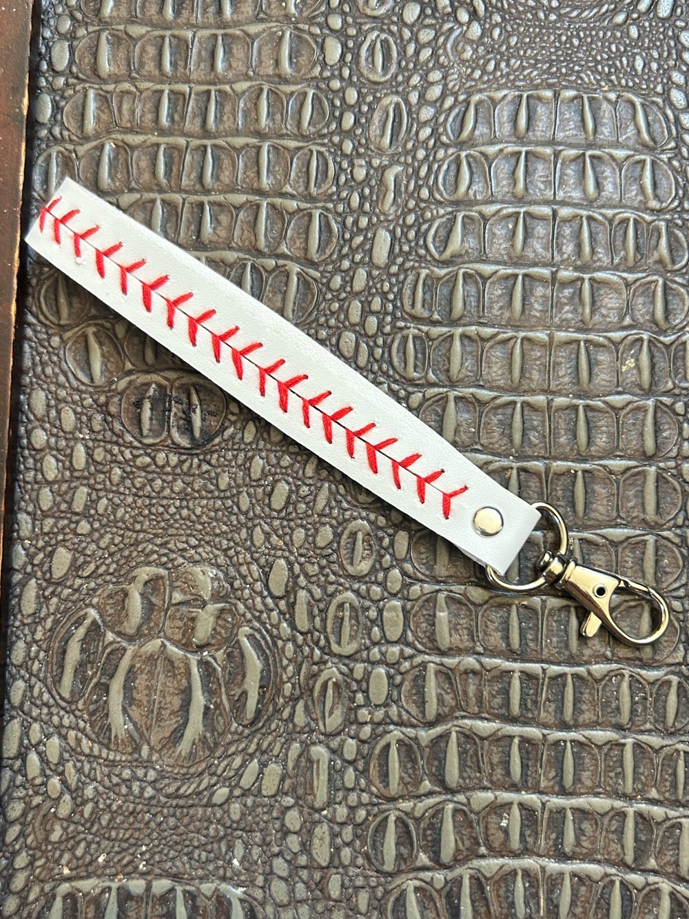 Baseball Stitch Faux Leather Wristlet Keychain Strap White & Red